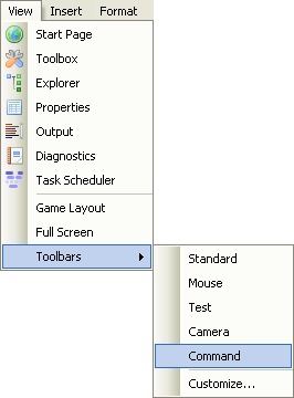 Screenshot of the studio's menus where the button to show the command bar is selected.